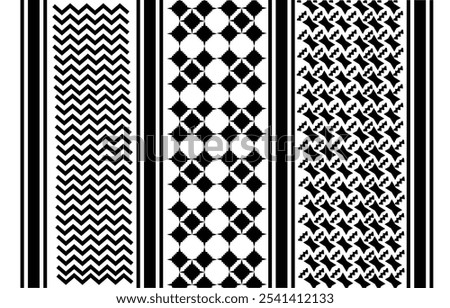 The image shows a set of three vertical black-and-white textile patterns. Each section features a distinct geometric design. The left pattern has a zigzag or chevron motif, creating a sense of movemen