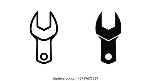 The image shows a side-by-side comparison of two wrenches. The wrench on the left is illustrated in a simple outline style, while the one on the right is filled in with black, creating a stark contrast between the two. Both wrenches have a similar design with an open-end jaw and a hole at the bottom for attachment.