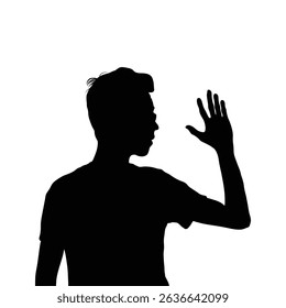 The image shows a silhouette of a man. He is waving with his right hand, either greeting someone or waving goodbye. The background is plain white, emphasizing the man's gesture.