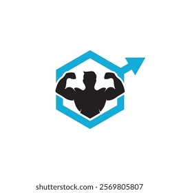 The image shows a silhouette of a muscular person flexing biceps inside a blue hexagon with an arrow pointing outward, symbolizing strength and growth