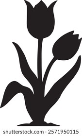 The image shows a silhouette of two tulips with long stems and leaves, creating a simple and elegant floral design.