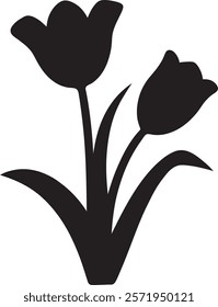 The image shows a silhouette of two tulips with long stems and leaves, creating a simple and elegant floral design.