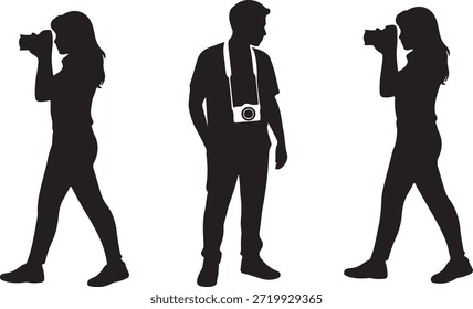 Das Bild zeigt Silhouetten zweier laufender junger Frauen, die jeweils eine Kamera halten und fotografieren, während ein Mann mit einer Kamera auf transparentem Hintergrund wegsieht.