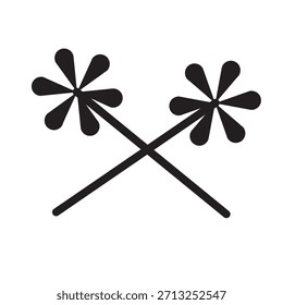 La Imagen muestra un ícono negro simple que consta de dos palos o líneas cruzadas, cada una coronada con una forma de flor hecha de varios pétalos redondeados que irradian desde un centro. El diseño se ve juguetón y