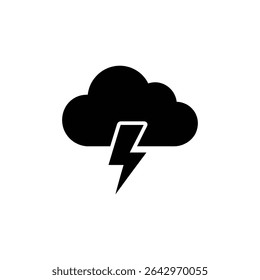 Image shows a simple black silhouette of a thundercloud with a stylized lightning bolt extending downward. The background is solid white, providing contrast.