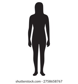 The image shows a simple black silhouette of a person standing upright with their arms slightly bent at the elbows. The figure is facing away from the viewer, and the legs are positioned shoulder-width apart, giving a clear outline of the human form.
