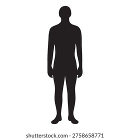 The image shows a simple black silhouette of a human figure standing upright with arms relaxed at the sides and facing away from the viewer. The figure has a balanced posture, with feet shoulder-width apart, and is depicted against a plain white background.