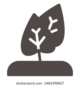 The image shows a simple black and white silhouette of a plant with two leaves growing out of the ground.