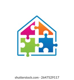 The image shows a simple flat logo design of four pieces of puzzle forming a house shape in various colors that looks clean on a white background