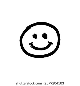 The image shows a simple hand-painted smiley face icon in black on a white background. The style is grunge and minimalist.