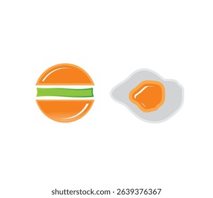 The image shows a simple illustration of a burger on the left and a fried egg on the right, both with a glossy, cartoon-like style.
