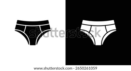 Image shows simple line art of men's briefs in black over a white background and white over black. Modern design contrasts two versions of clothing representation.
