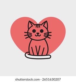The image shows a simple line drawing of a cute red cat sitting inside a large pink heart shape. 
