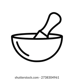 The image shows a simple line drawing of a traditional mortar and pestle. The mortar is a deep, round bowl with a smooth interior, designed to hold ingredients securely while grinding. The pestle is a smooth, elongated tool with a rounded end, used for crushing, grinding, or mixing substances inside the mortar. This tool is commonly used in kitchens, laboratories, and traditional medicine practices for preparing herbs, spices, and other materials.