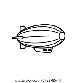 The image shows a simple line drawing of a vintage-style airship resembling a zeppelin. The airship has a streamlined, elongated body with a rounded nose and a tail fin. There is a gondola hanging beneath the main body, featuring a small rectangular structure that appears to be a pilot or passenger compartment with a few windows or details drawn inside. The design is reminiscent of early 20th-century airship technology.