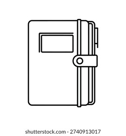 The image shows a simple line drawing of a closed notebook or journal. The notebook has a rectangular shape with a visible pen loop attached to the spine, secured by an elastic band. The cover features a small rectangular window, possibly for a pocket or a label, and the design is minimalistic with clean, bold lines.
