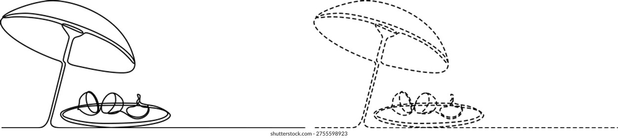 The image shows a simple line drawing of a modern umbrella with three curved legs on the left. On the right, a dashed outline version of the same umbrella is illustrated, including its internal support structure and the base with legs, emphasizing its shape and form in a more detailed and transparent manner. The dashed lines suggest a focus on structural elements and spatial dimensions.