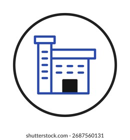 The image shows a simple linear design of a building construction with a blue outline, placed inside a circle. The modern style suggests a focus on industrial or business concepts, while its