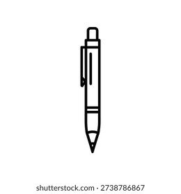 The image shows a simple, minimalist line drawing of a ballpoint pen. The pen is standing vertically with its cap removed, revealing the clip at the top and the tip at the bottom. The design is clean and straightforward, focusing on the essential features of a standard pen.