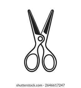 The image shows a simple open scissor icon with a black fill and stroke, against a white background. Minimalist design with rounded handles and blades.