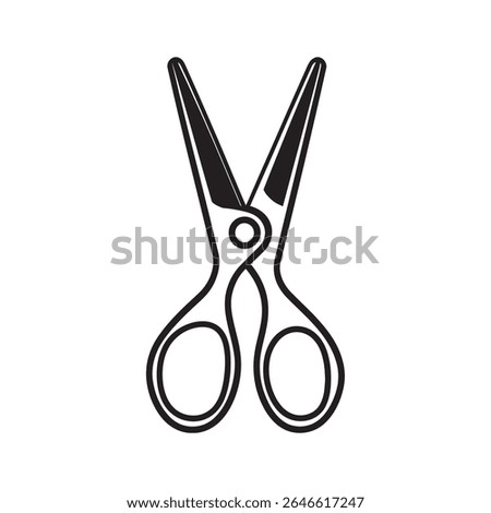 The image shows a simple open scissor icon with a black fill and stroke, against a white background. Minimalist design with rounded handles and blades.
