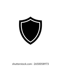 A imagem mostra um ícone simples e estilizado de escudo preto com um contorno branco limpo, apresentado em um fundo transparente.
