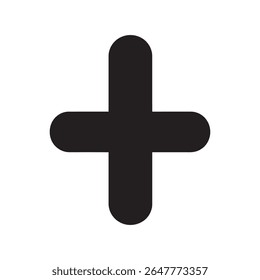 The image shows a simple, yet bold plus sign in solid black with rounded edges, standing out against a stark white backdrop, minimalist and clean design.
