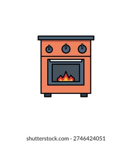 The image shows a simplified, stylized illustration of a stove with four burners on top and an open oven door revealing bright orange flames inside. The stove is colored in a combination of earthy tones, with the main body in a reddish-brown hue and a dark grey top. The design is minimalistic and cartoon-like, suitable for various types of visual media.