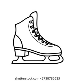 The image shows a single ice skate depicted in a minimalist, clean line drawing style. The skate features a white upper portion with visible laces and buckles, and a dark blade at the bottom designed for ice skating. The design is simple, making it easily recognizable and versatile for various uses such as graphics, icons, or educational materials.