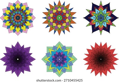 La Imagen muestra seis Formas florales abstractas en forma de estrella aisladas sobre fondo transparente