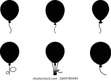 Image shows six black silhouettes of balloons, including a hot air balloon. Simple, elegant designs, perfect for wedding invitations or decorations.