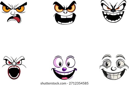 The image shows six stylized cartoon faces, all against a black background, each with a distinctive expression. They are not real people, but drawn faces expressing exaggerated emotions.
