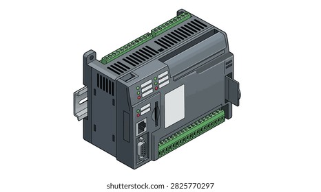 The image shows a sleek gray metallic enclosure of an industrial control module positioned against a clean white studio background. Prominent features include a green terminal strip on the top edge, multiple ventilation slots along the sides, a side mounting bracket, and illuminated green and red indicator lights above a small display area with visible ethernet and serial ports.