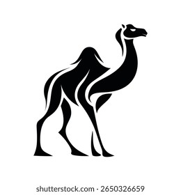 Image shows a sleek, silhouette of a single-humped dromedary camel standing. This artwork highlights the mammal's distinctive features with a clean, and minimalist style.