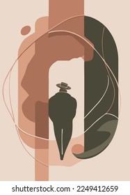 The image shows small silhouettes of men with backs on an abstract background with neutral shades.