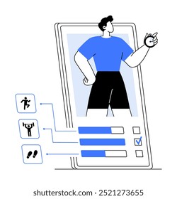 La Imagen muestra un teléfono inteligente que muestra a un App de fitness con una persona con atuendo de entrenamiento que sostiene un cronómetro. El App destaca las diferentes opciones de entrenamiento y barras de progreso. Ideal para el seguimiento de fitness, w