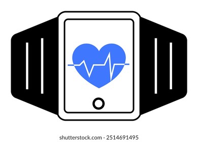 The image shows a smartwatch with black straps and a screen displaying a blue heart with a white pulse line. Themes include health, technology, fitness tracking, wearables, and heart rate monitoring.