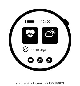 La Imagen muestra un reloj inteligente que muestra información variada a las 12:00 PM. La esfera del reloj incluye íconos que representan la frecuencia cardíaca, el Clima y los pasos realizados. La hora mostrada es las 12:00. Además, hay iconos de música, alarma y posiblemente otras funciones en la parte inferior de la pantalla.