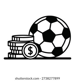 The image shows a soccer ball placed next to a stack of coins with a prominent dollar sign on one coin emphasizing financial themes related to sports