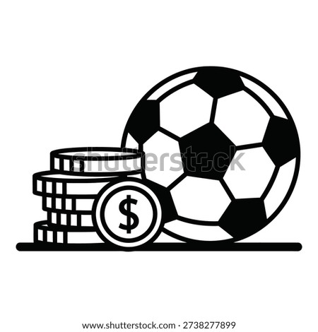 The image shows a soccer ball placed next to a stack of coins with a prominent dollar sign on one coin emphasizing financial themes related to sports