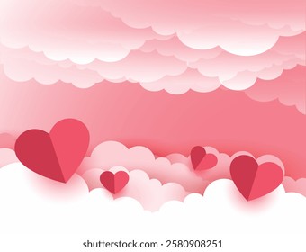 The image shows soft, fluffy clouds in the sky with heart-shaped silhouettes floating between them, creating a romantic and dreamy atmosphere.