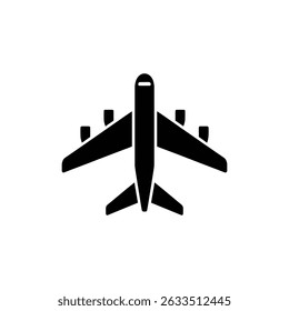 Image shows a solid black jet airplane silhouette with six engines, front view, on a transparent backdrop, demonstrating flight or travel.