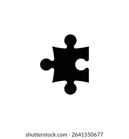 The image shows a solitary black puzzle piece centered on a white background. It represents concepts like games, challenges, solutions, and the interconnectedness of elements.