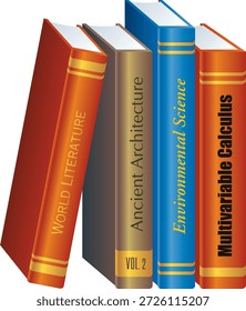 A imagem mostra as lombadas de quatro livros acadêmicos ou livros didáticos cobrindo diversos assuntos, incluindo Literatura Mundial, Arquitetura Antiga (Volume 2), Ciência Ambiental e Cálculo Multivariável. Juntos, eles representam o ensino superior, o conhecimento entre disciplinas, o estudo acadêmico e o aprendizado acadêmico.