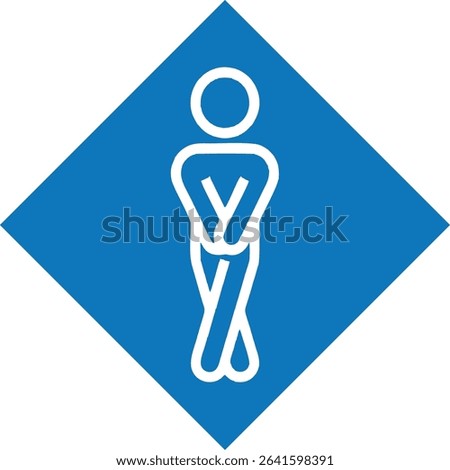 The image shows a stick figure standing with crossed legs and hands in front of their groin, indicating the urgent need to use the bathroom