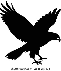 Image shows a striking black silhouette of a bird of prey in mid-flight, wings spread, sharp claws visible, against a plain white backdrop.