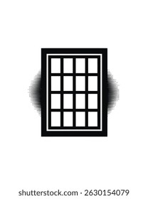 A imagem mostra um padrão geométrico surpreendente de uma grade de janela em preto, definido contra um fundo branco e complementado por um efeito de intermitência radial abstrata.