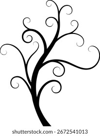 La Imagen muestra un árbol negro estilizado con ramas en espiral sobre un fondo blanco, creando un aspecto artístico y minimalista. El sentimiento es elegante.