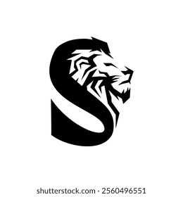 The image shows a stylized black and white logo featuring the letter "S" integrated with the profile of a lion's head, which is interesting due to its creative combination of typography and animal ima