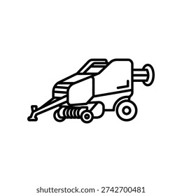 The image shows a stylized, black and white line drawing of a combine harvester. The machine is depicted in a side view, cutting and processing crops. It features a header for harvesting, a central body for threshing, and a rear section with wheels for mobility. The design is simple and focuses on the essential components of the harvester.